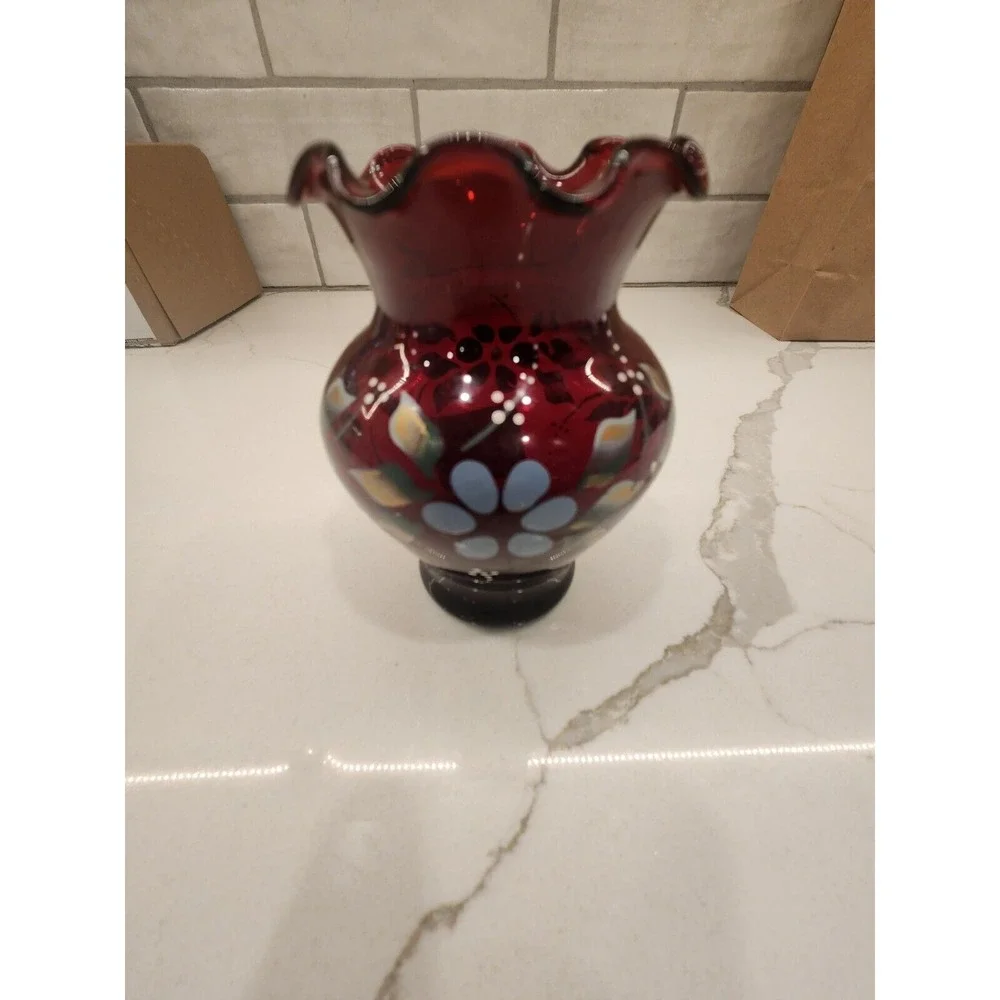 Vintage Anchor Hocking Royal Ruby Hand Painted‎ Bud Vase With Flowers 4 Inches