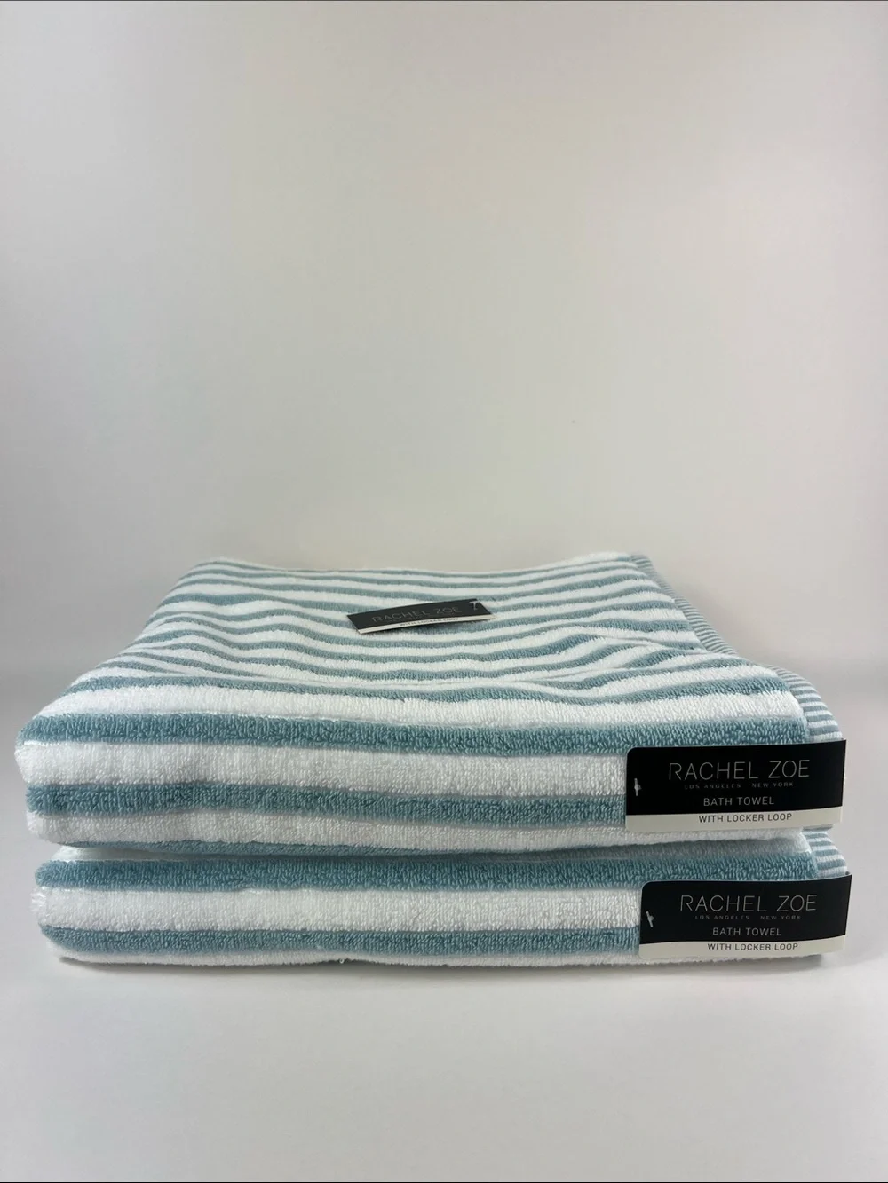 Rachel Zoe Bath Towels Classic Blue and White Striped Soft Cotton Set of 2 NEW