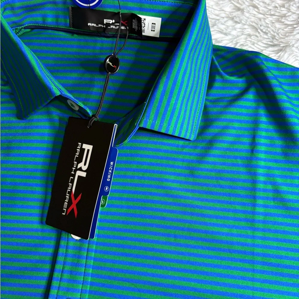 POLO RALPH LAUREN RLX Golf Green/blue Striped Short Sleeve Wicking Polo Shirt L