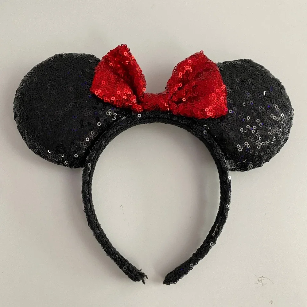 Disney Minnie Mouse Headband Women OS Black Red Sequin Ears‎ Bow