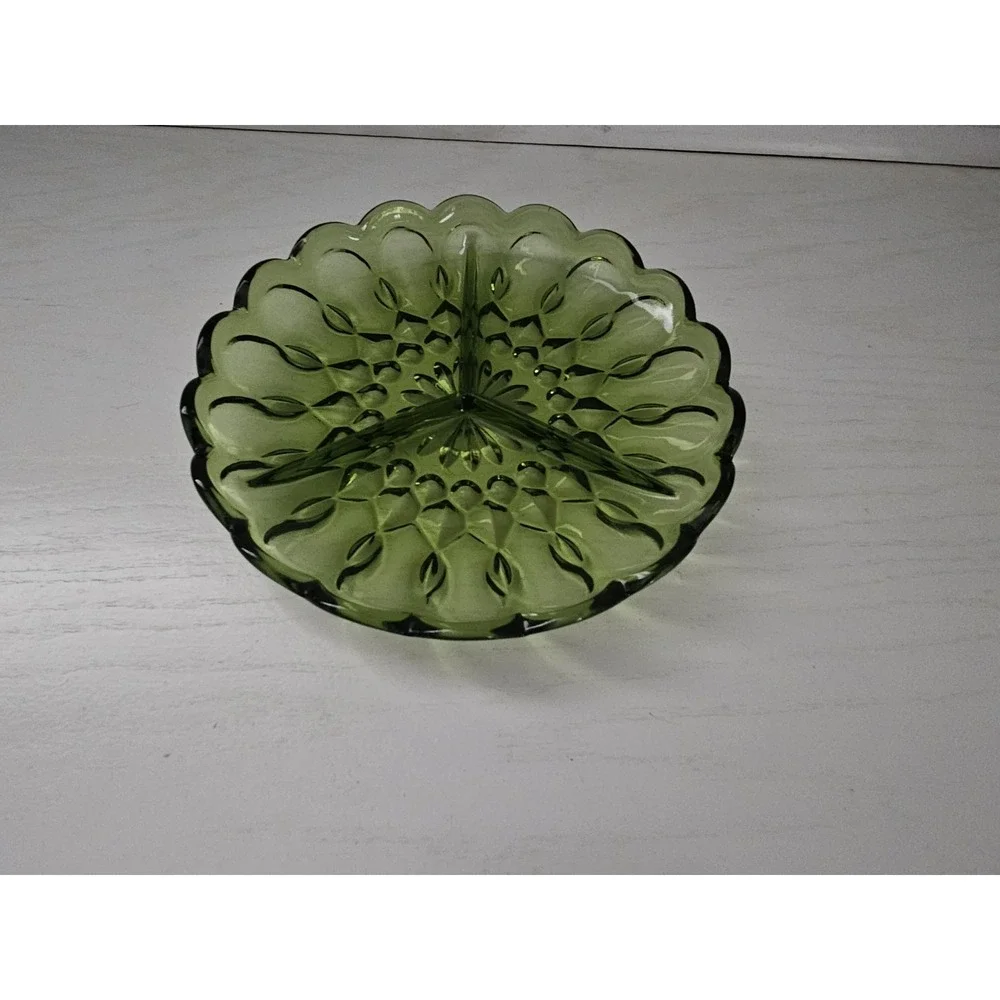Anchor Hocking Fairfield Avocado Green Glass‎ Relish Tray Divided Dish Vintage
