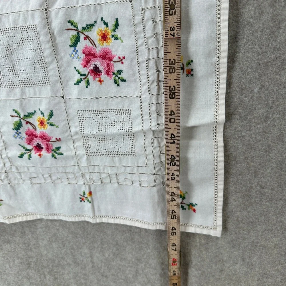 VTG Handmade Needlepoint Table Runner 46x14 White Floral Cross Stitch Lace