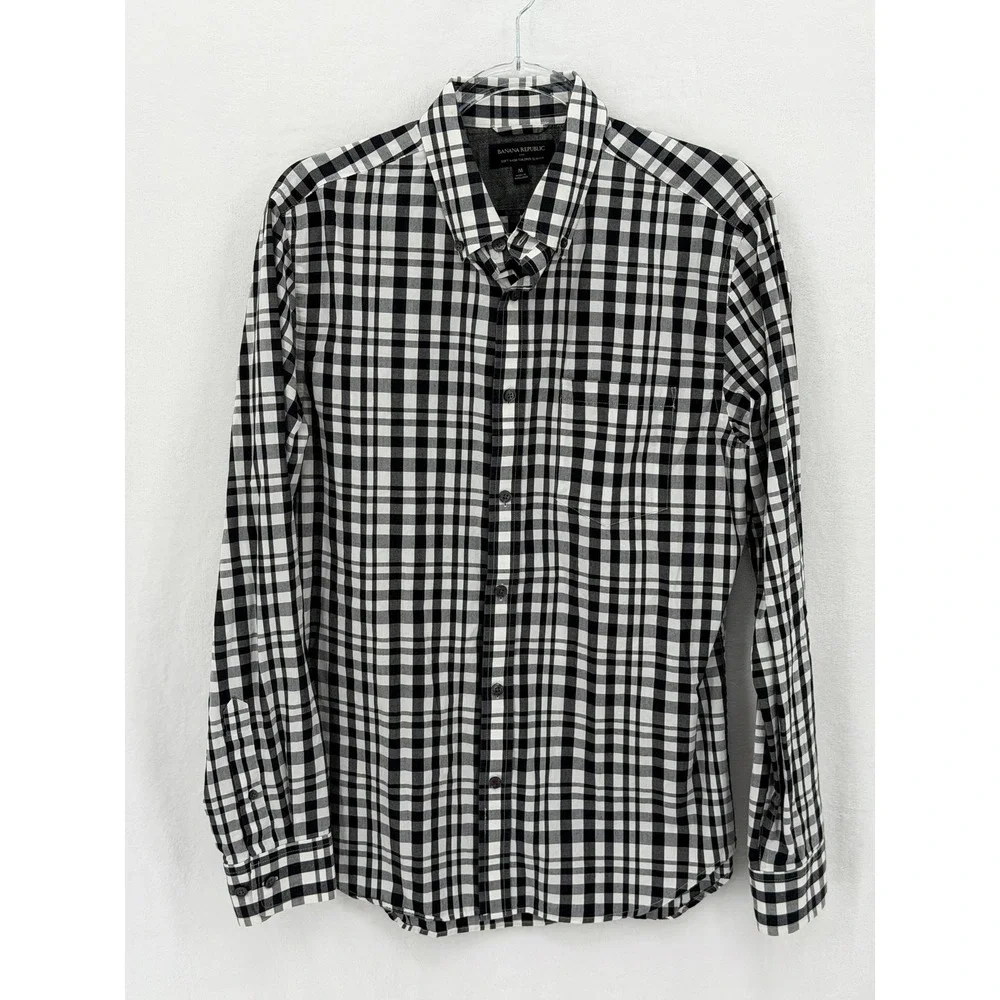 Banana Republic Shirt Mens Medium Black Soft Wash Tailored Slim Fit Plaid Preppy