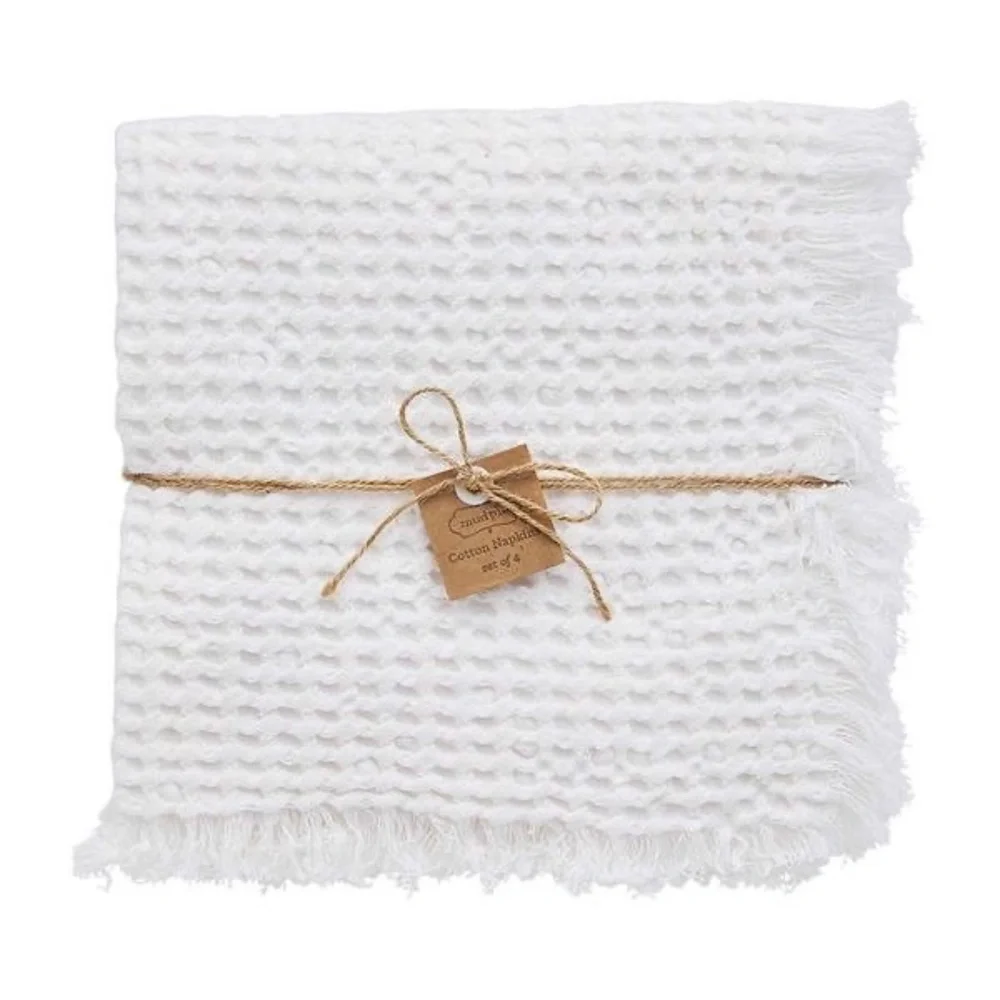 Mud Pie White Waffle Weave Cotton Napkins with Fringe Set of 4 NEW