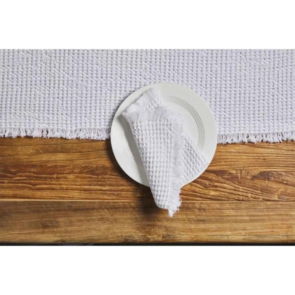 Mud Pie White Waffle Weave Cotton Napkins with Fringe Set of 4 NEW