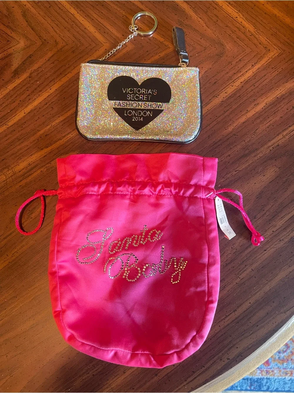 Victoria's Secret Silver Glitter Keychain Pouch & Hot Pink Satin Drawstring Bag