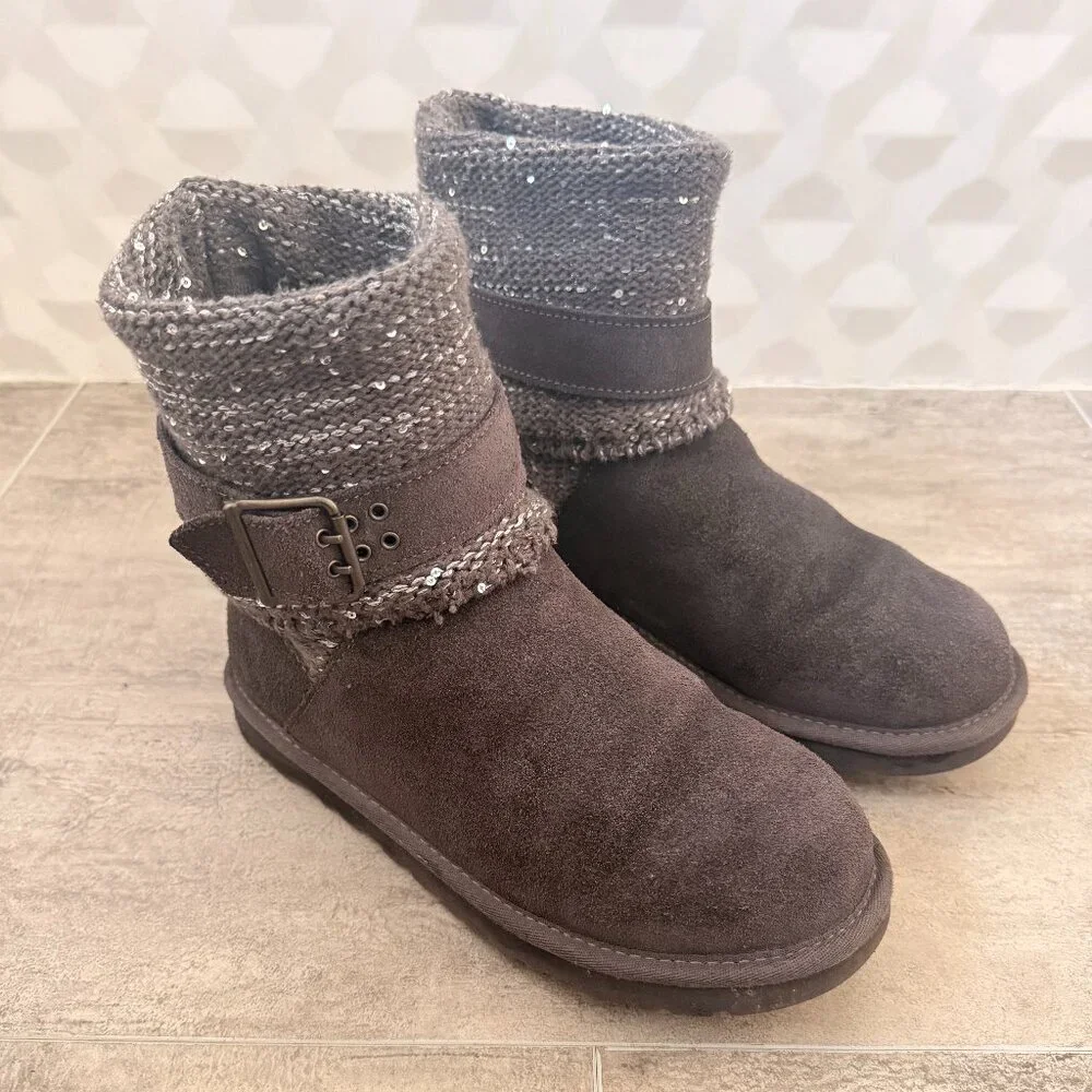 UGG Australia Cambridge Metallic Grey Suede Boots Belted Knit Size 7