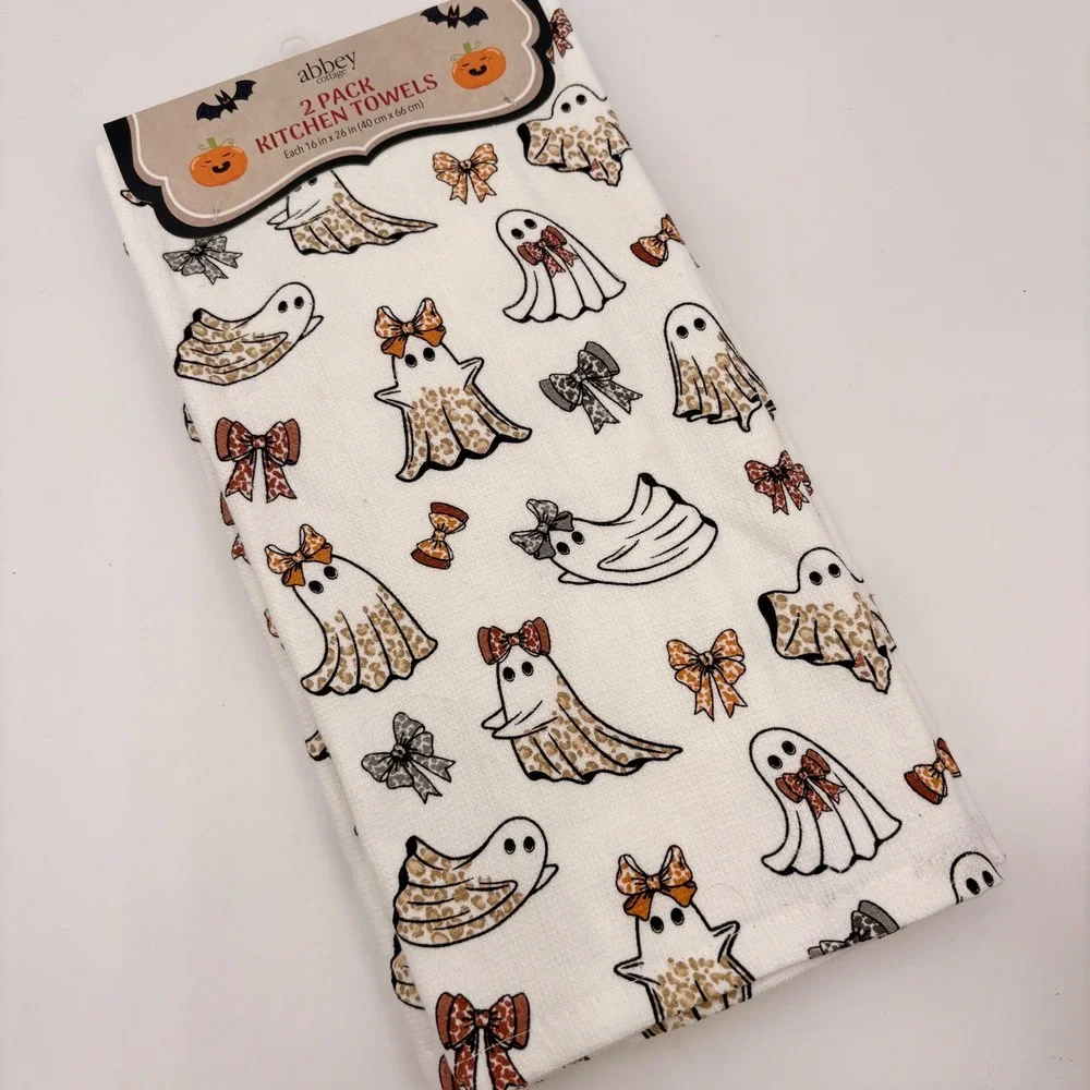 Abbey Cottage Halloween Ghost Leopard Bow Kitchen Towels 2 Pack 16x26 Cotton NEW