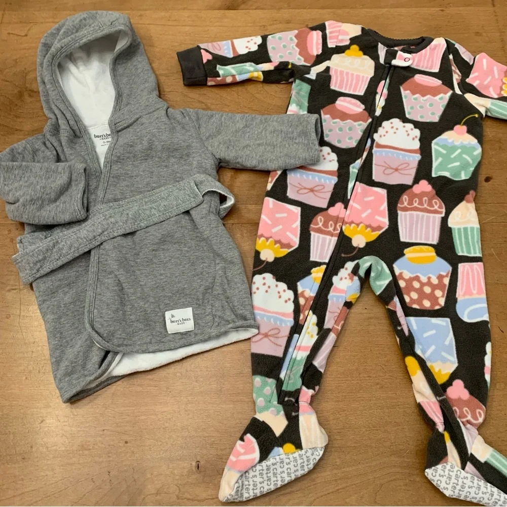 Toddler Bath Robe & Fleece Footie Pajamas - 9 months & 12 months
