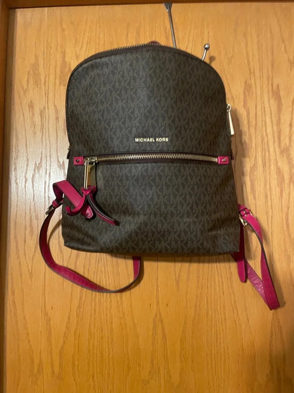 Michael Kors Brown Monogram Backpack with Pink Trim
