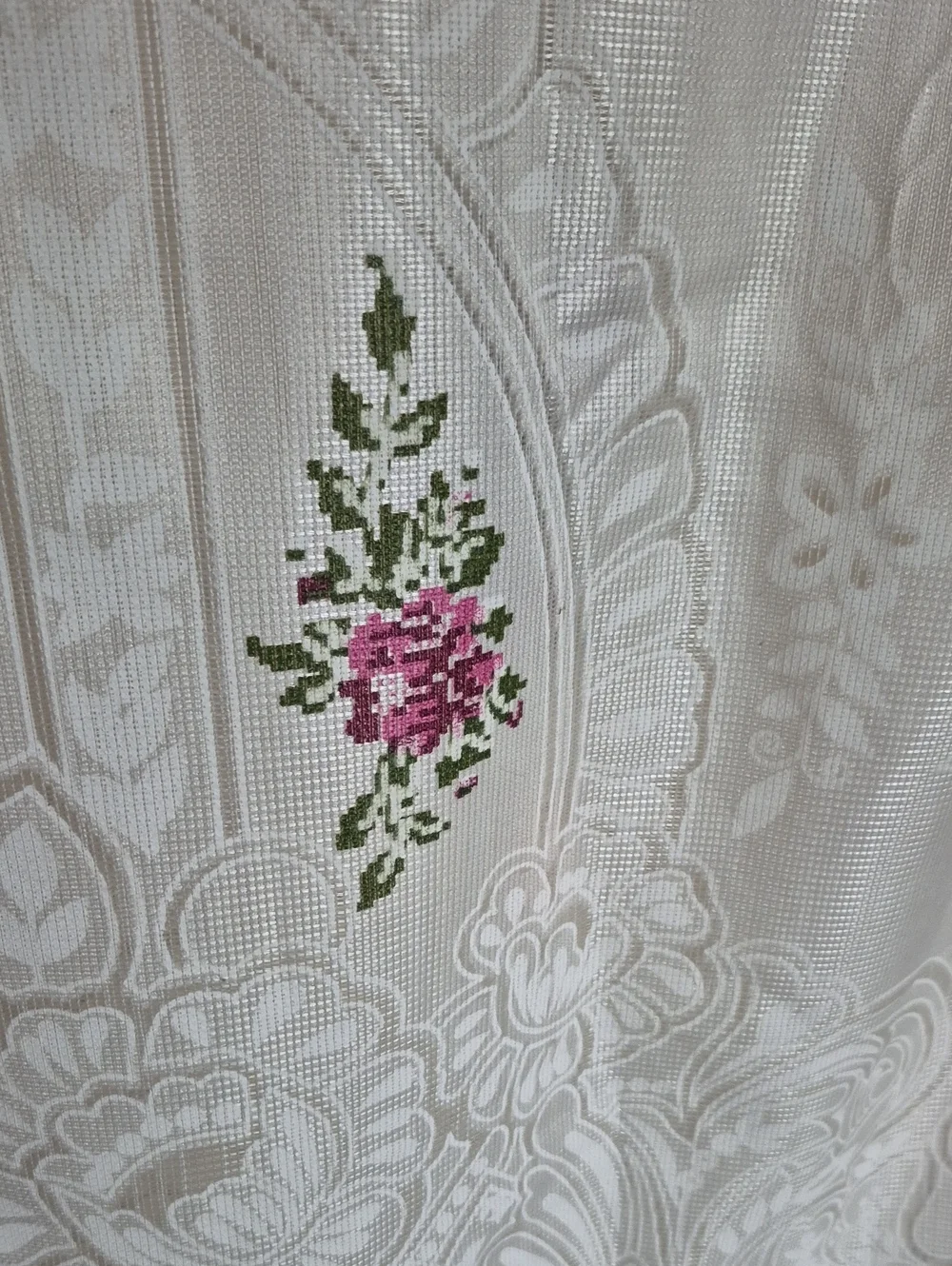 White Floral Embroidered Tablecloth with Pink Rose Accents 60x80