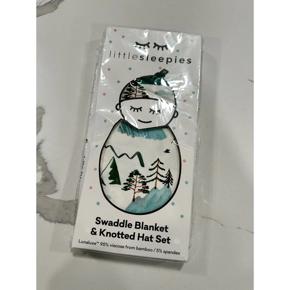 Little Sleepies Mountains Swaddle Blanket and Knotted Hat Set Bamboo Lunaluxe