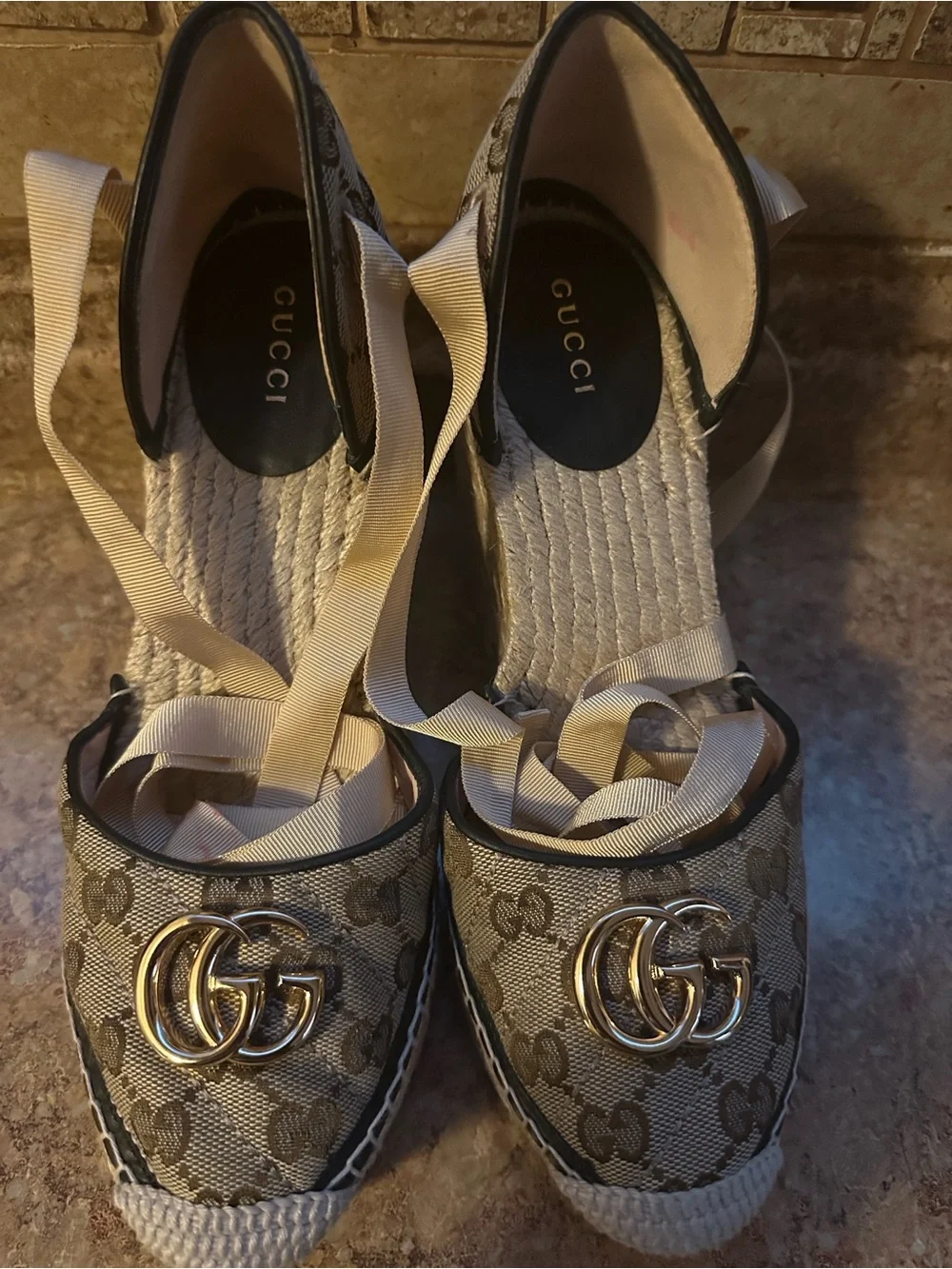Gucci Beige Monogram Espadrille Wedges with Gold Double G