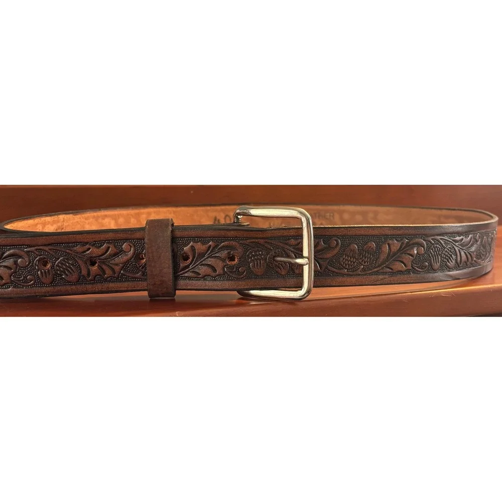 Tandy Leather Mens Brown Tooled Floral Acorn Belt Made in USA Size 40 Western