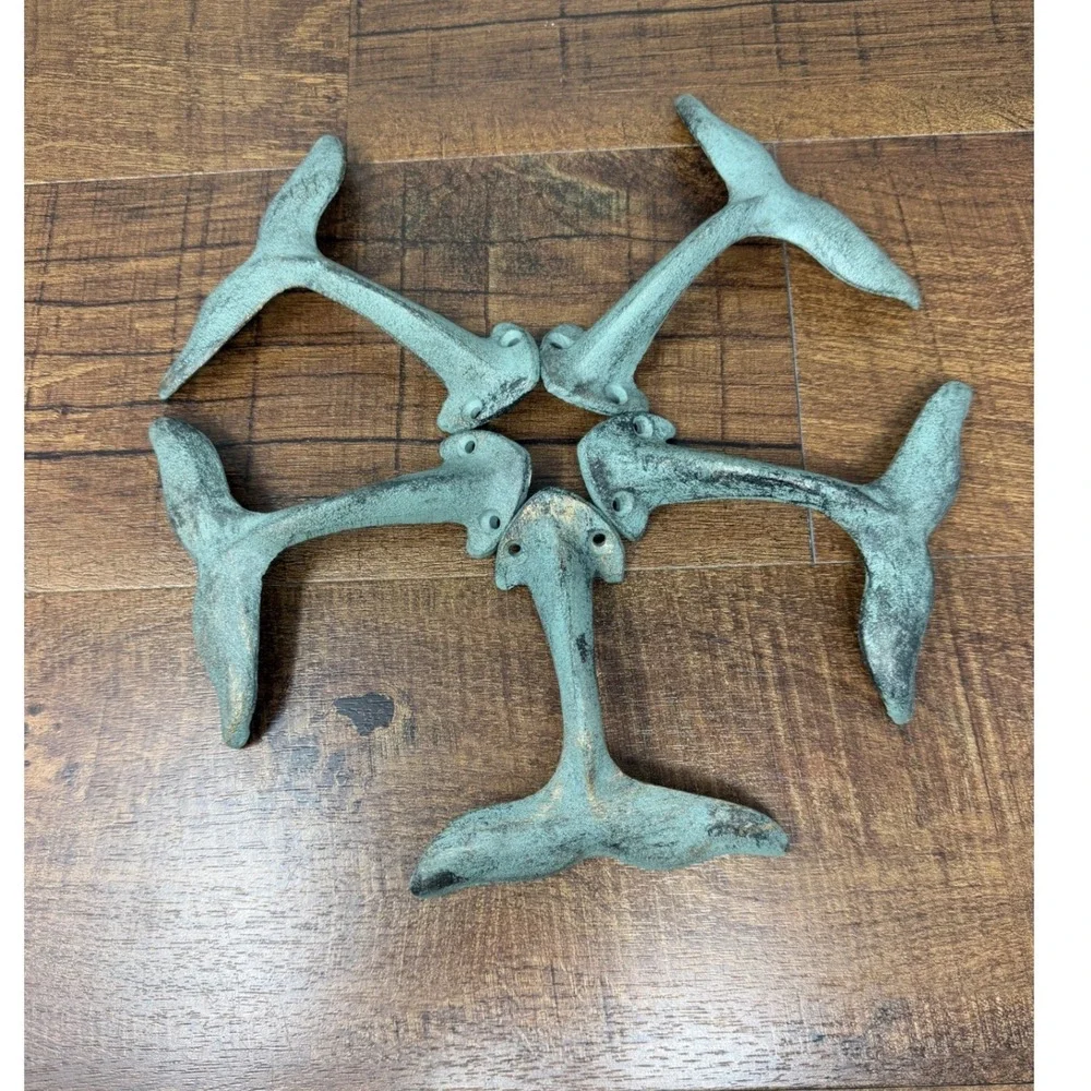 Set of 5 Cast Iron Whale Tail Wall Hooks Verdigris Coastal Green Nautical