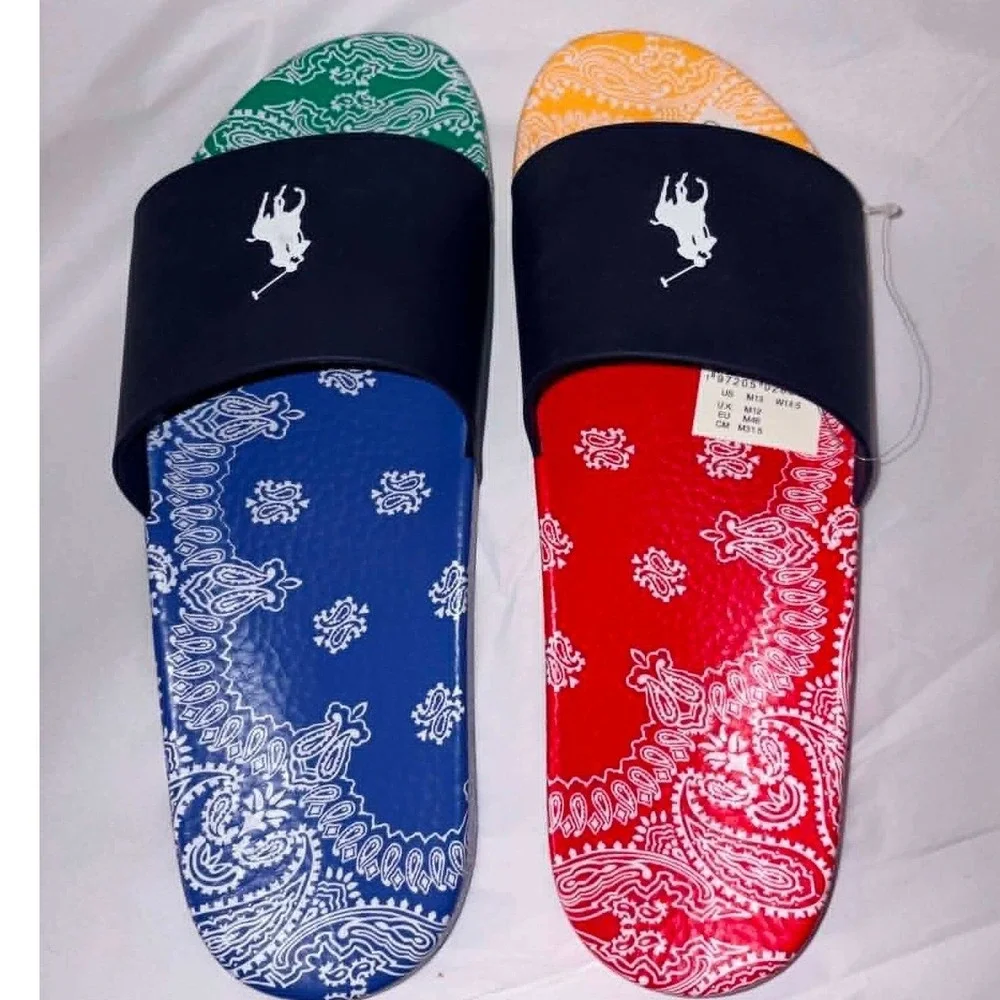 Polo Ralph Lauren Slides Mens 13 Bandana Paisley Multicolor Navy Sandals