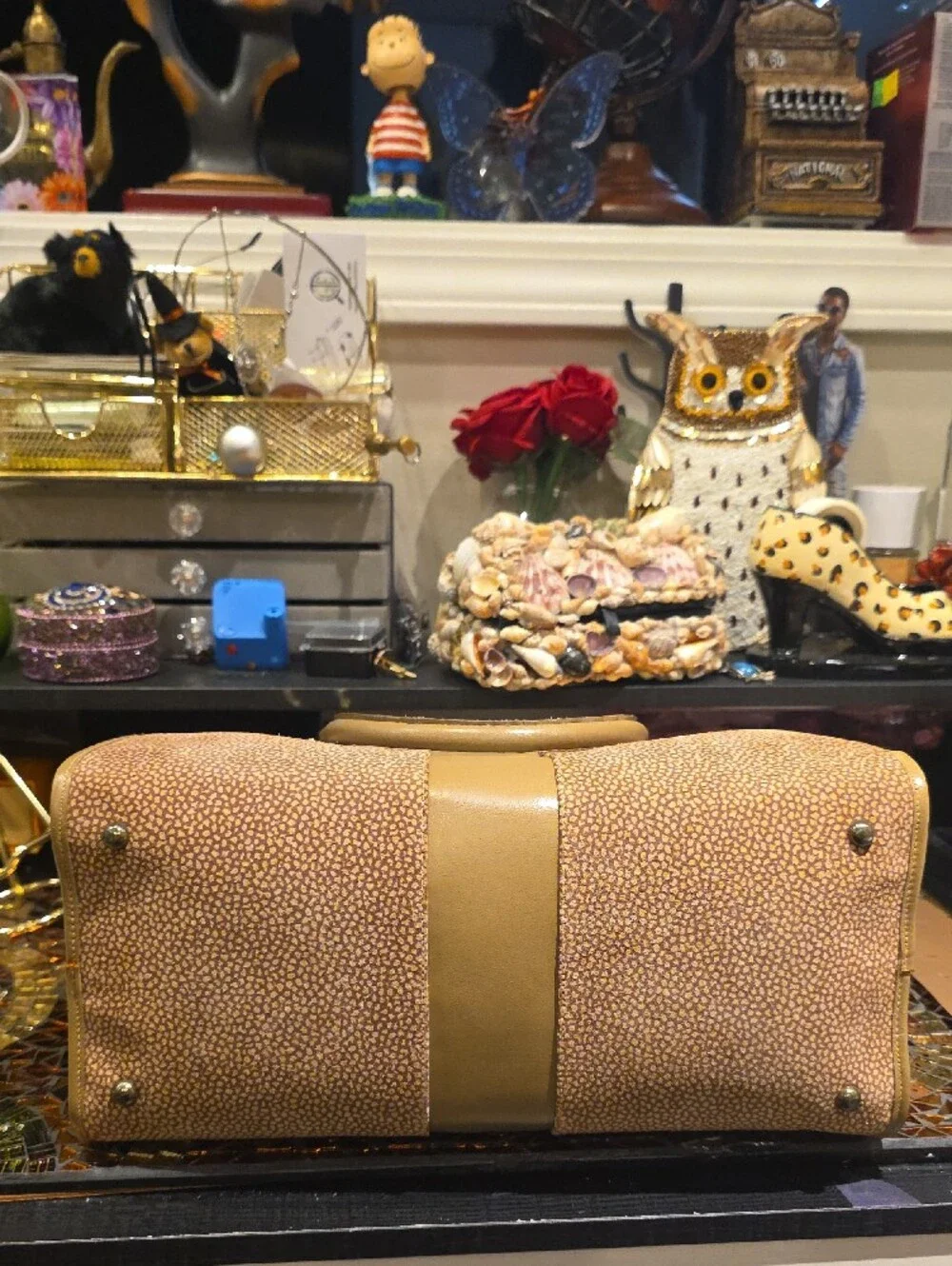 Classic Tan Dome Satchel with Center Stripe and Gold Hardware