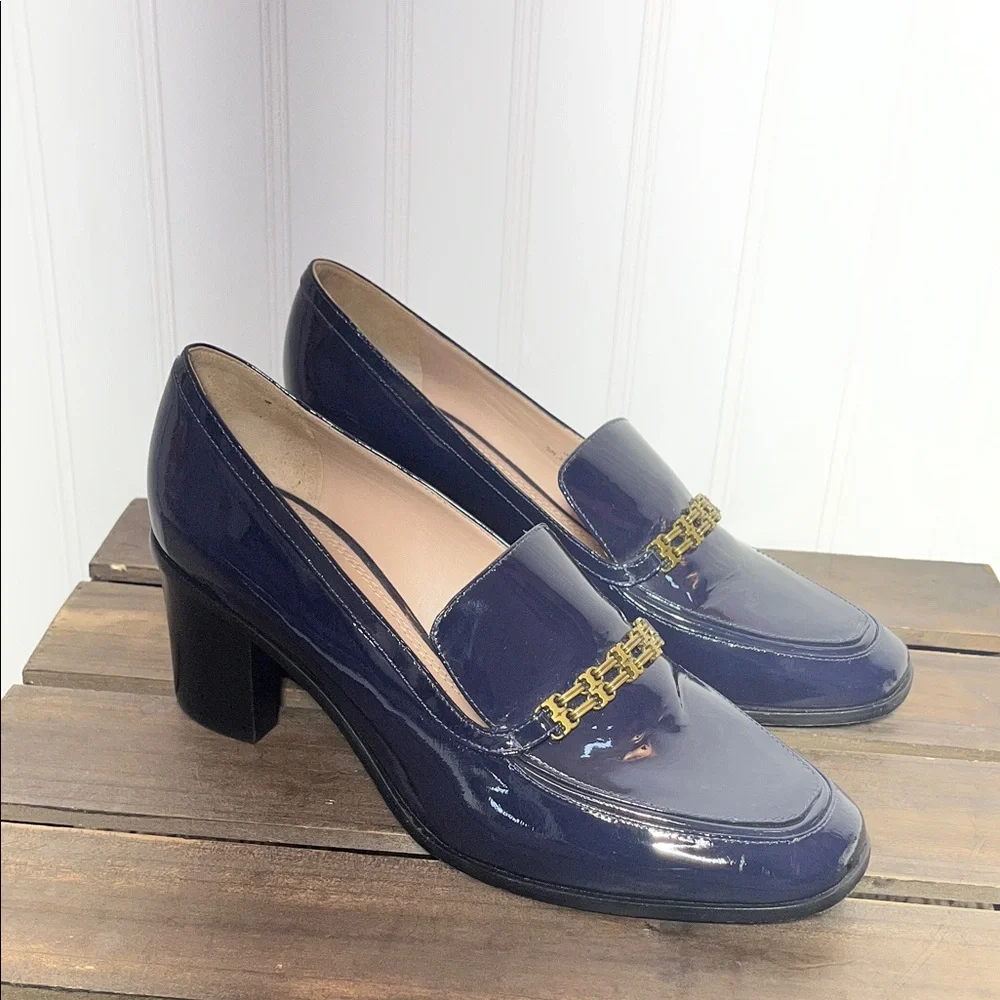 Tory Burch Navy Gemini Link Patent Mid Heel Loafers