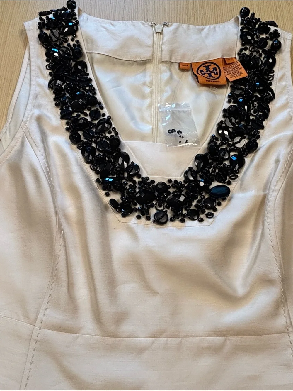 Tory Burch Grania Beaded Neck Silk Tank Top Ivory Cream Sz 12
