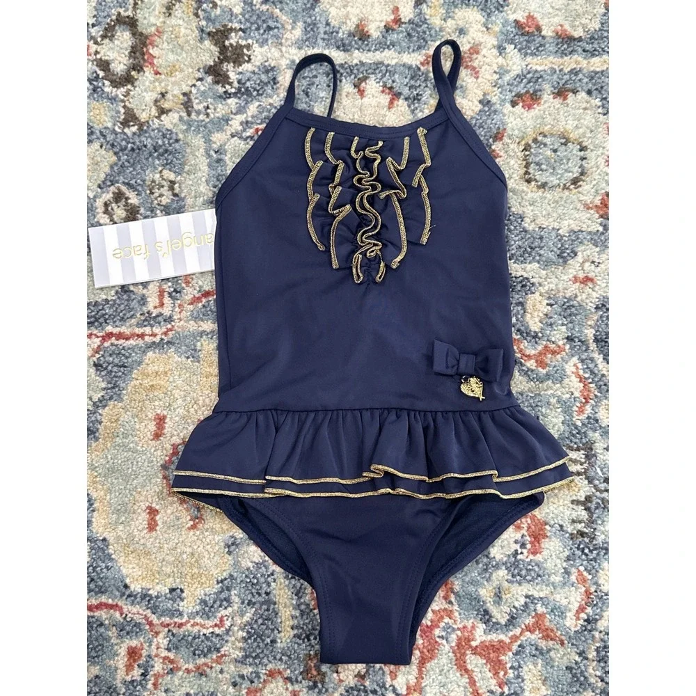 Angel's Face Swimsuit‎ Girls 2-3 Navy Blue Gold Ruffle Bow NWT
