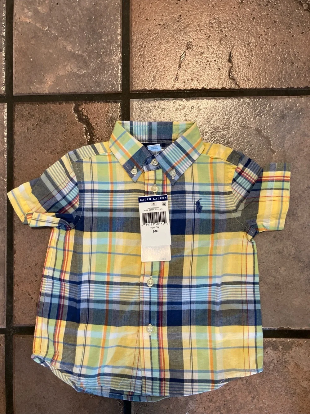 Ralph Lauren Baby Boys Blue Yellow Button up Short sleeve shirt Sz9 Month