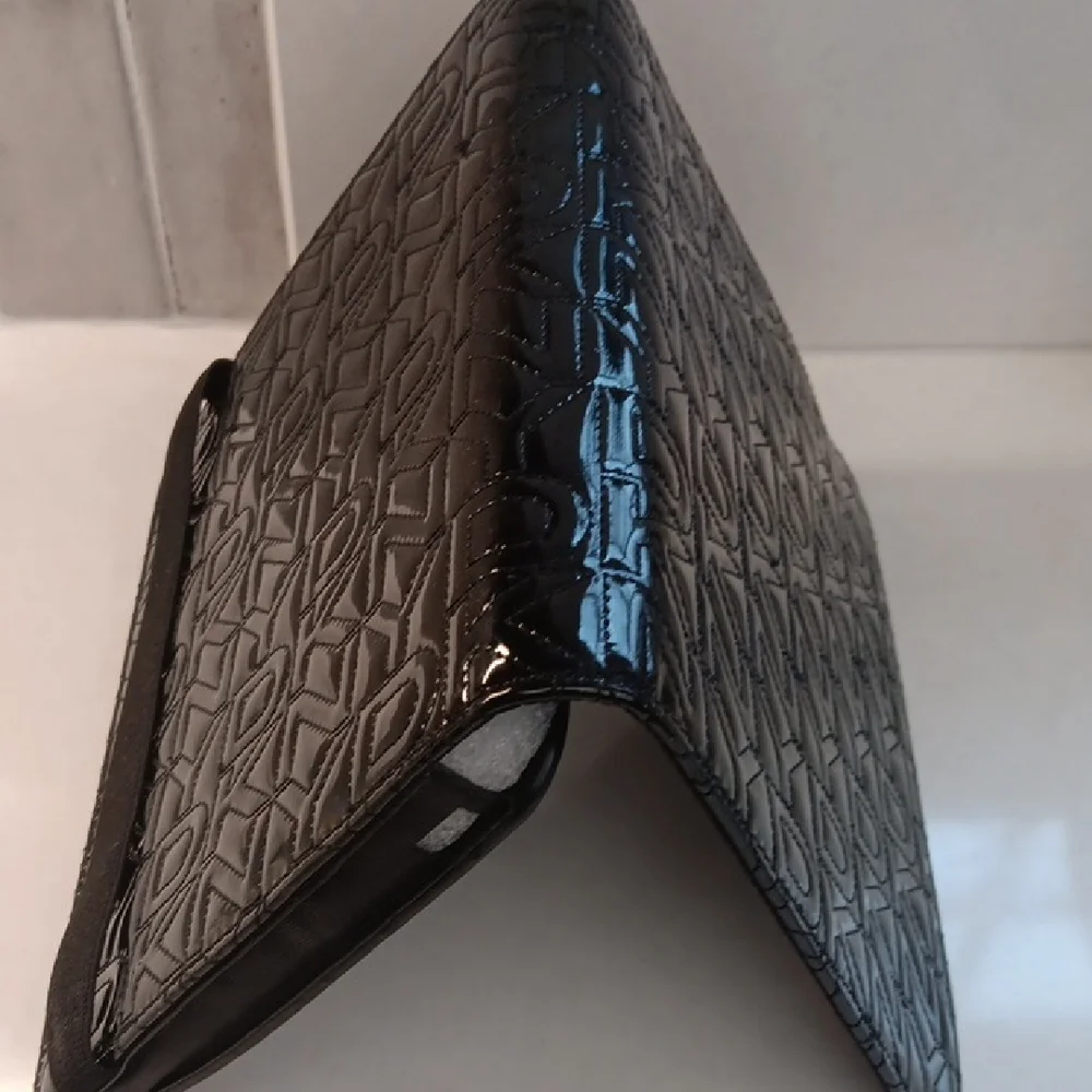 DKNY Black Glossy Monogram Quited Logo Tablet Cover with Elastic Closure New