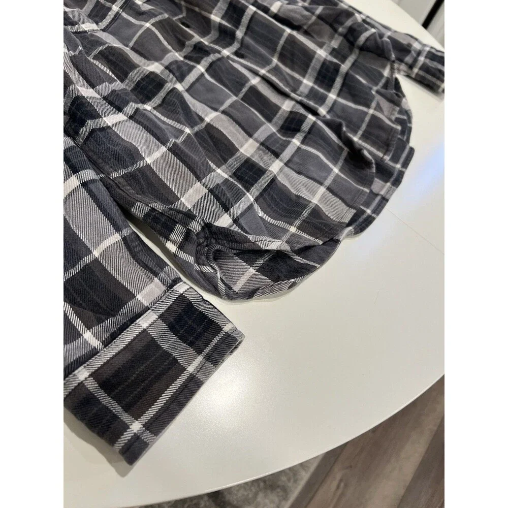 The North Face Plaid Flannel Button-Up Shirt Black Gray L Embroidered