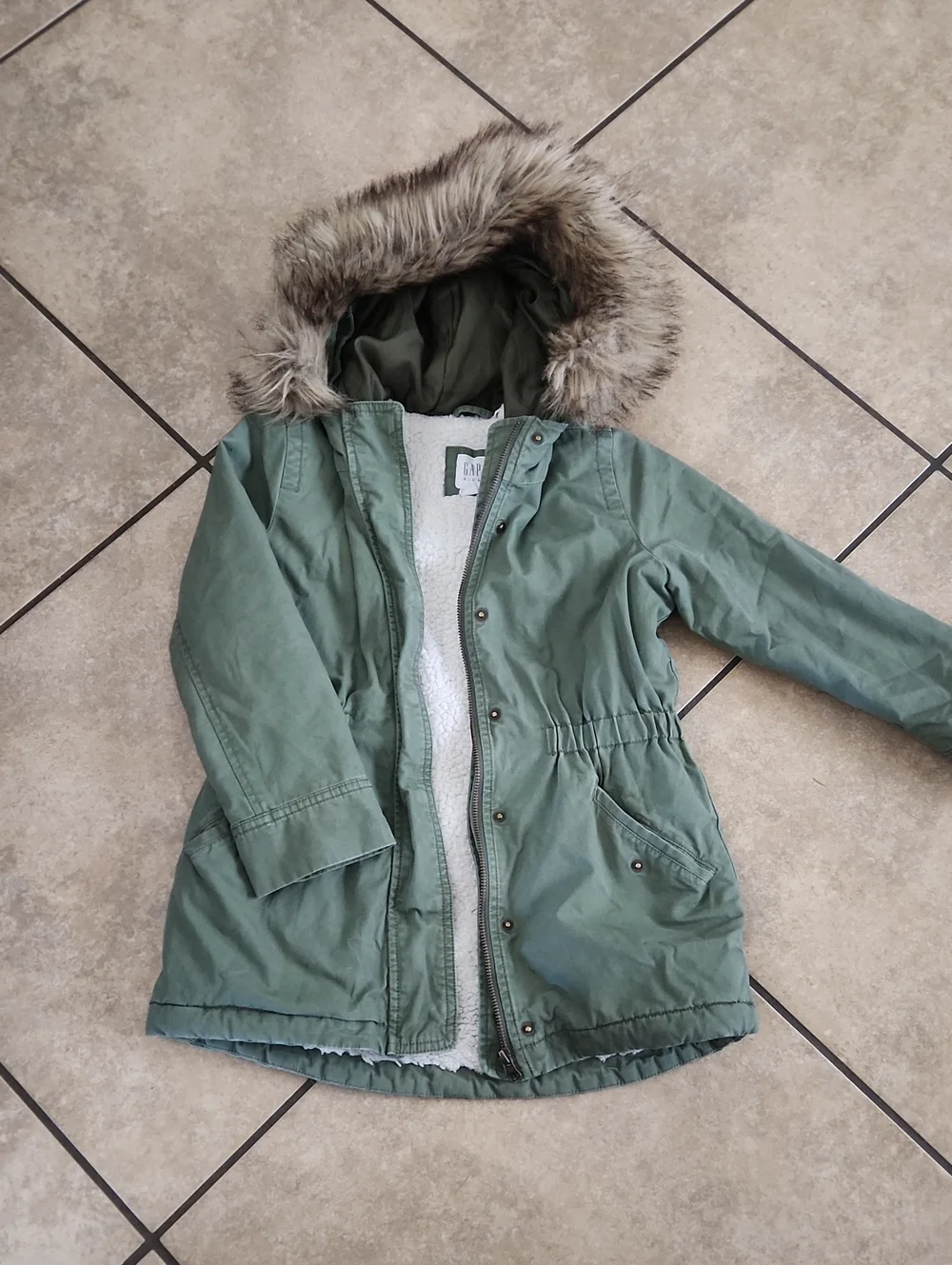 GAP Girls Olive Green Parka with Faux Fur Hood and Sherpa Lining