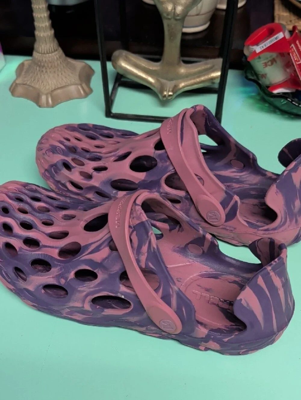Merrell Pink and Purple Marbled Foam Slip-On Clogs