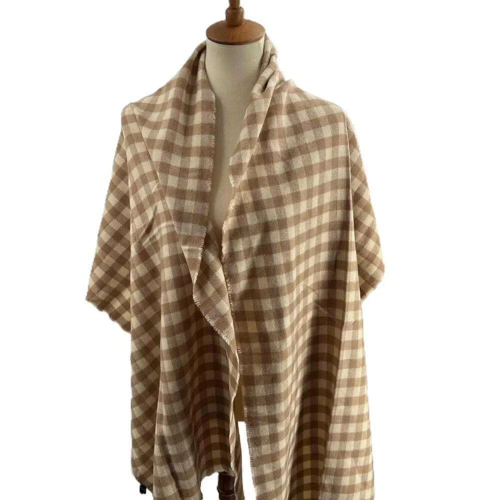 Hat Attack Blanket Scarf Oversized Beige Tan Checkered Fringed Scarf New‎