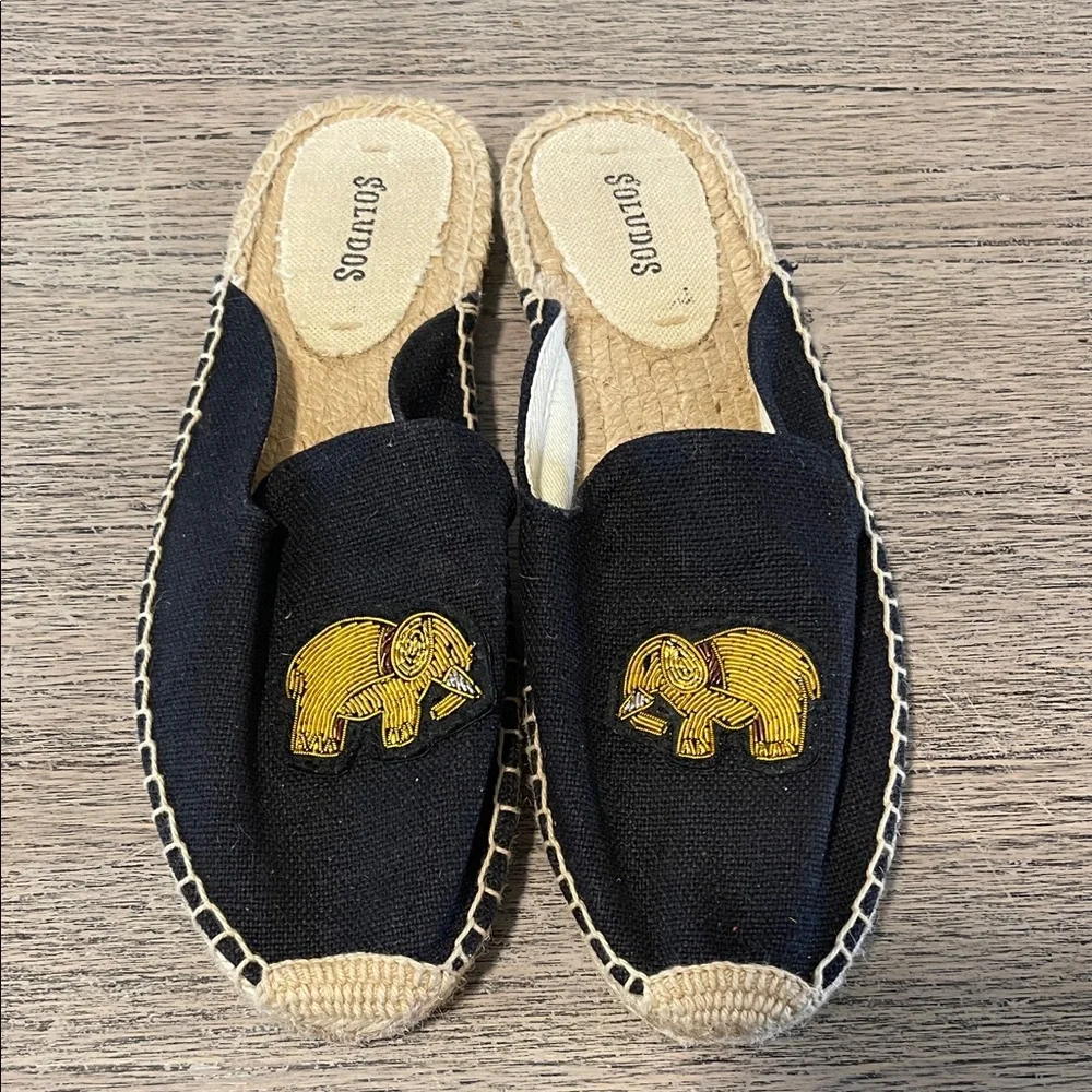 Soludos Black Flat Golden Elephant Espadrille Jute‎ Slip On Shoes | Size 7