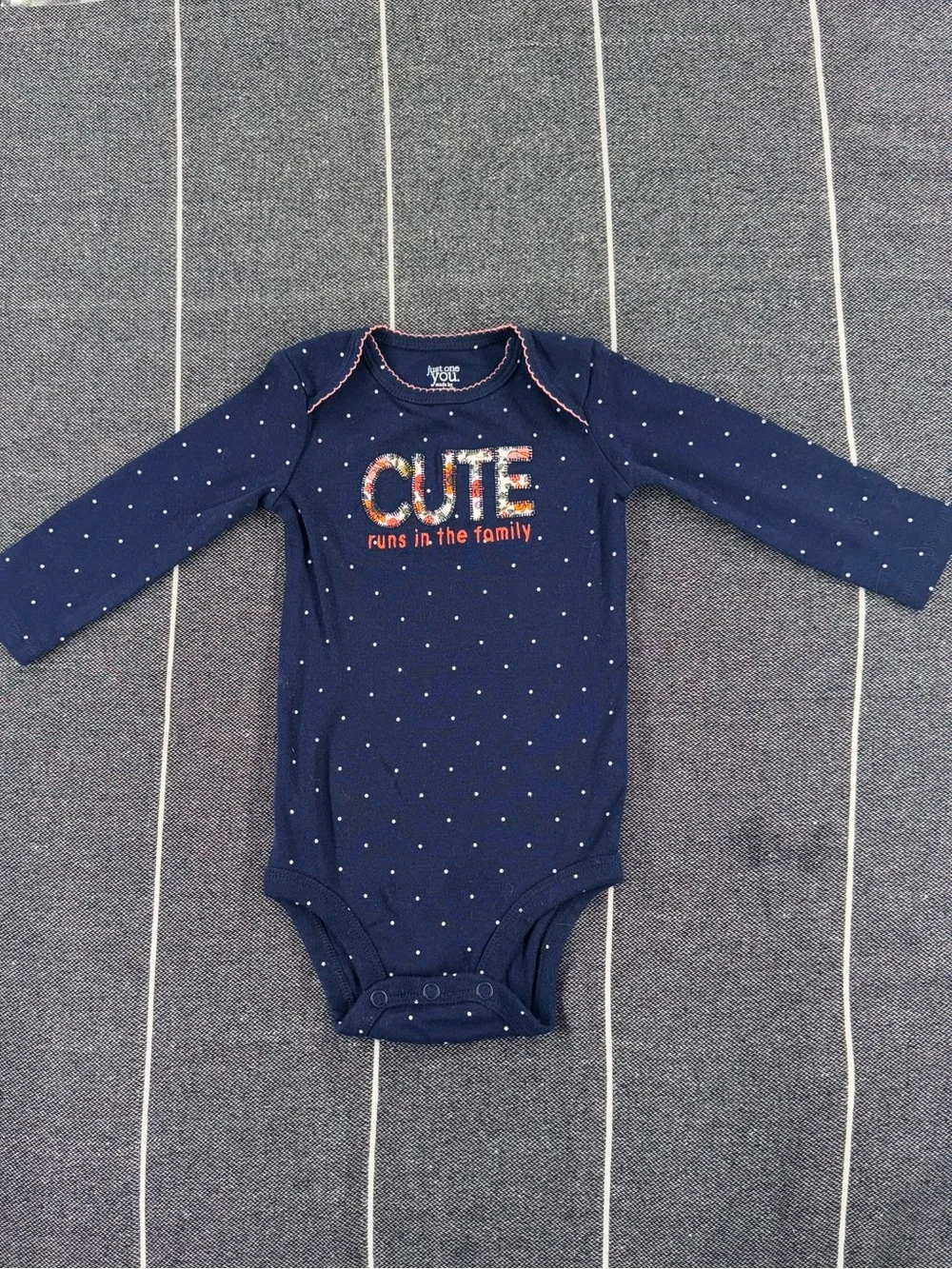 Carter's Navy Long-Sleeve Polka Dot One-Piece with 'CUTE' Embroidery