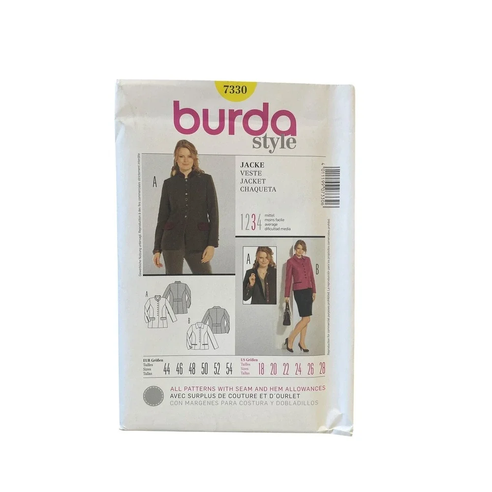Burda Style 7330 Jacket Sewing Pattern Sizes 18-28 Semi-Fitted‎