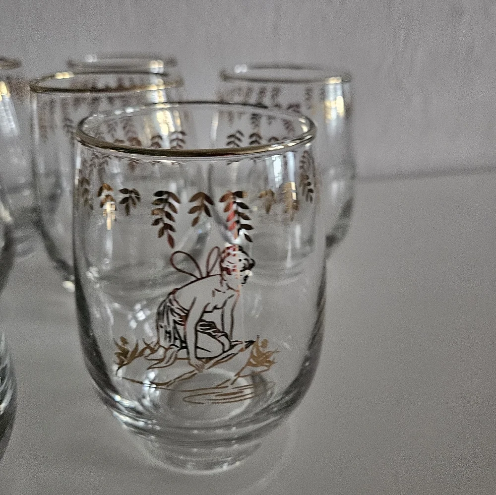 VTG 1950s LIBBEY White Rock Girl Gold Painted Stemless Glasses | Set of 10