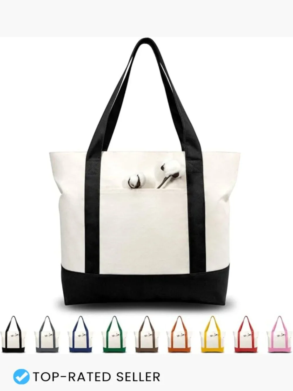 Canvas Tote Bag with External Pocket Reusable Grocery Shopping Top Zipper