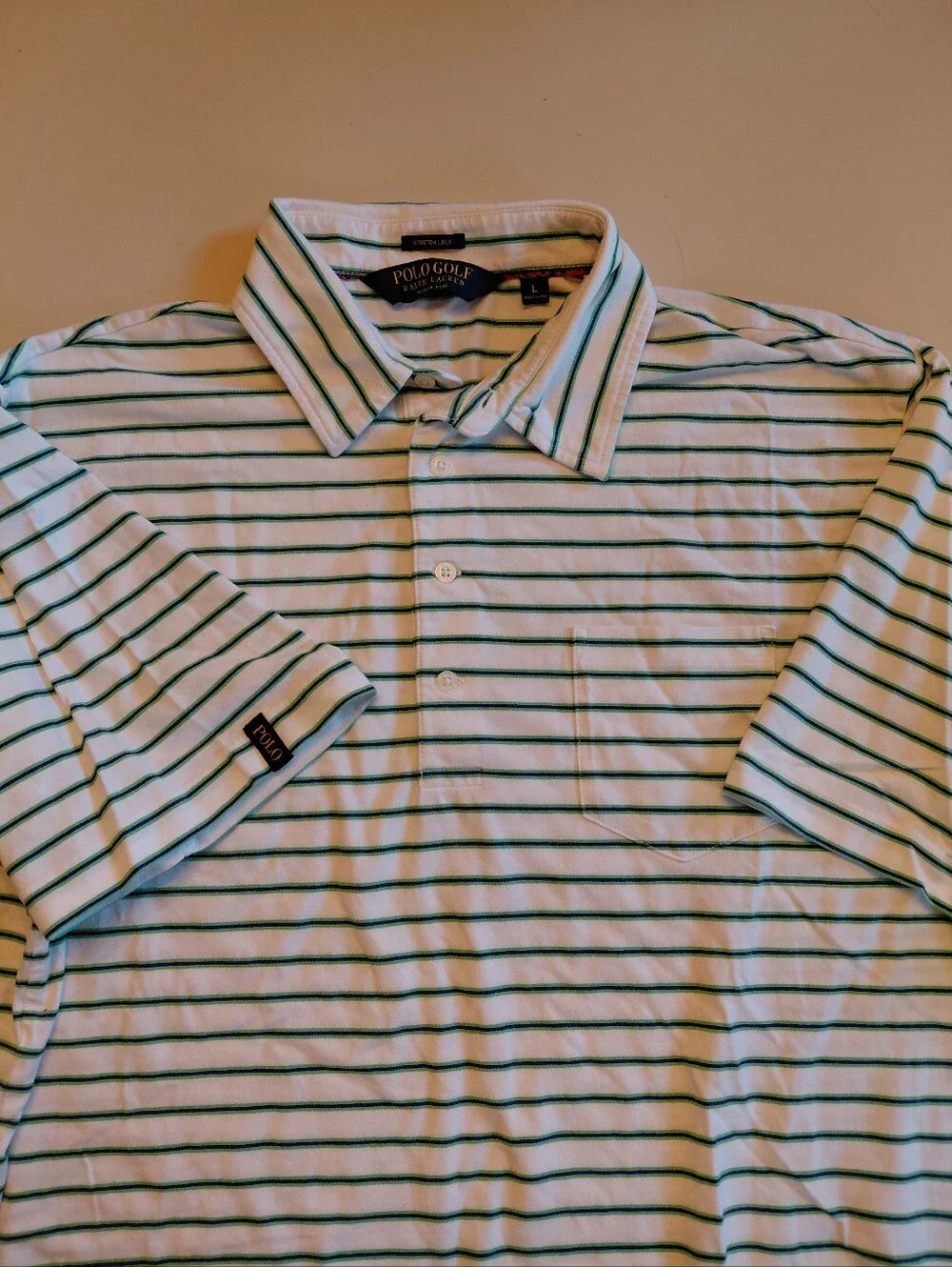 Polo Golf Ralph Lauren Mens Size L Stretch Lisle White Blue  Striped Polo Shirt