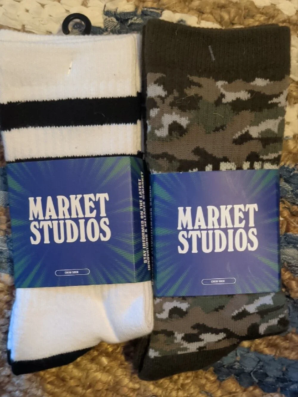 Market Studios Men’s Athletic Socks - White Stripe & Green Camo (2-Pack)