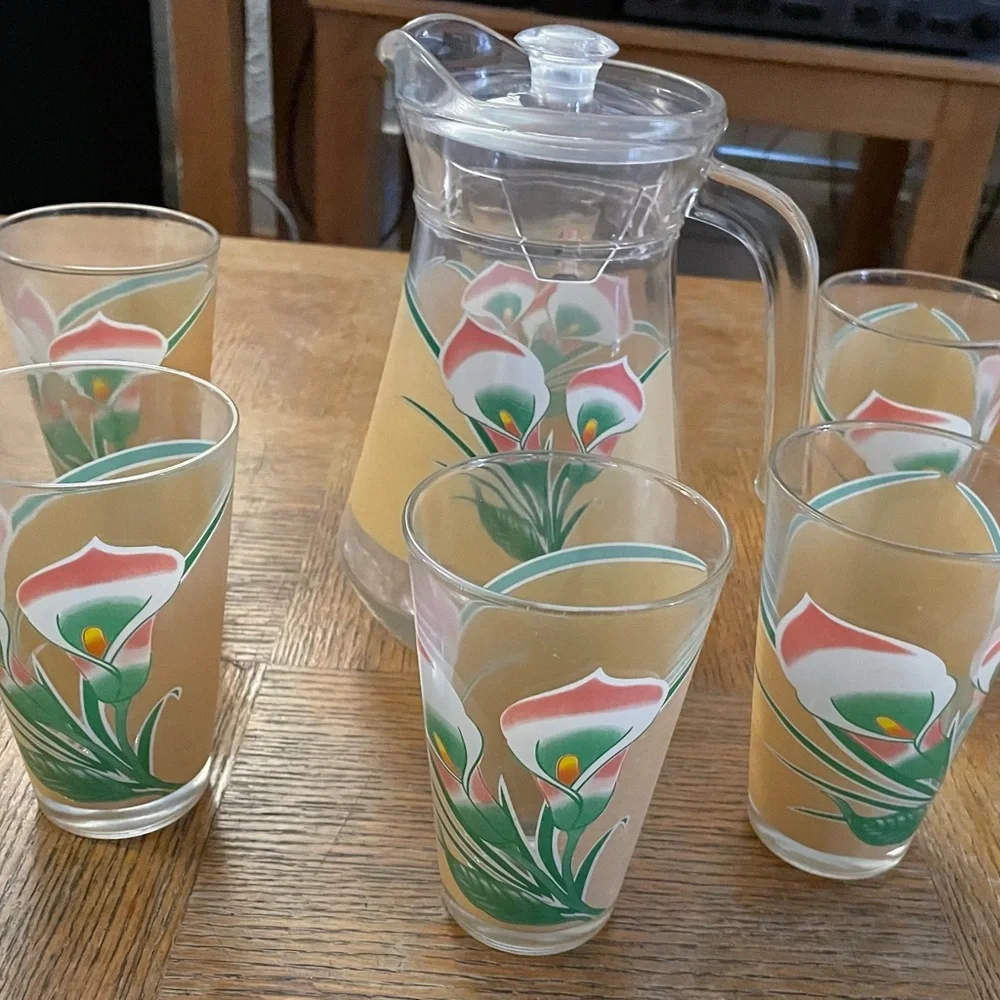 NWT Alpine Cuisine 7 pieces floral glass drinkware set: pitcher & 6 glasses