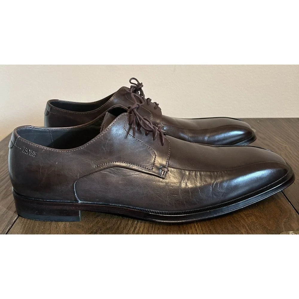Boss Hugo Boss Men's Brown Leather‎ Lace Up Dress Shoes Sz 9 Square Toe