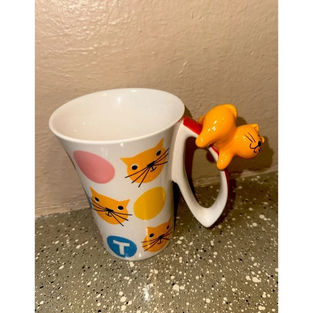 Indra Stoneware‎ Cat Coffee Mug Vintage With Cat On Handle Hand Painted Colorful