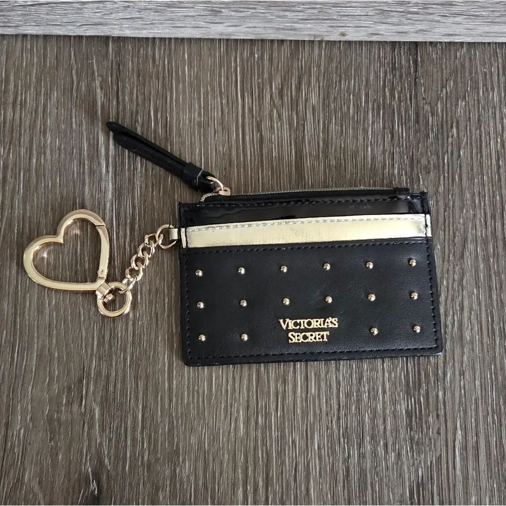 Victoria's Secret Black and Gold Studded Card Holder with a Heart Keychain