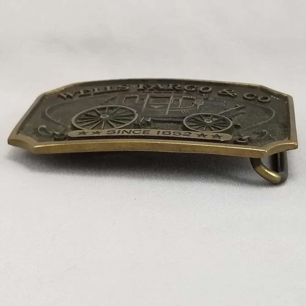 Vintage Belt Buckle 1970s Solid Brass Wells Fargo & Co Since 1852 Wagon USA Made