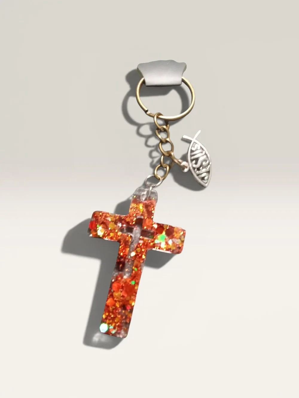 Resin Cross Keychain with Charm Fish Glitter