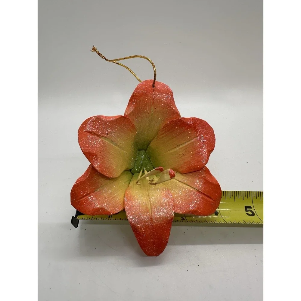 Glitter Amaryllis‎ Flower Hanging Ornament Red Green Hand Painted Wood 5