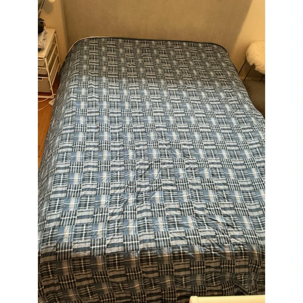 Pottery Barn Teen Full Queen Duvet Blue Madras Plaid PB Dorm 100% Cotton Classic