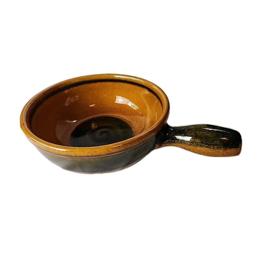 VTG Landert 20 MCM 70s‎ Swiss Stoneware Fondue Pot Brown w/Moss Green Stripe EUC