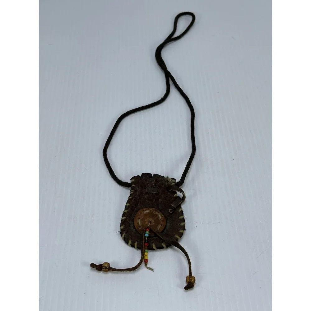 VTG Native American Leather Medicine Bag Beads Tribal Necklace Rawhide Stitching