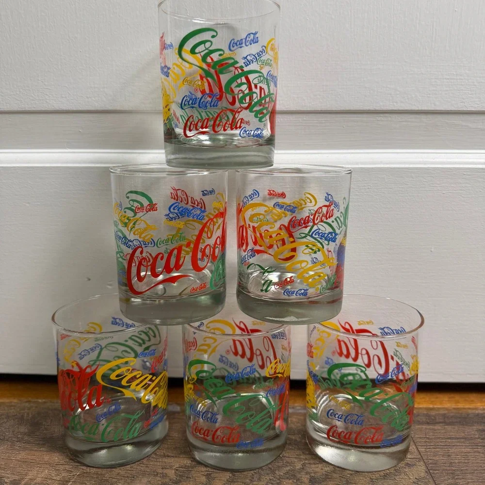 Vintage Coca-Cola Multi-Color All Over Print Glass‎ Tumblers Set of 6 Retro 4