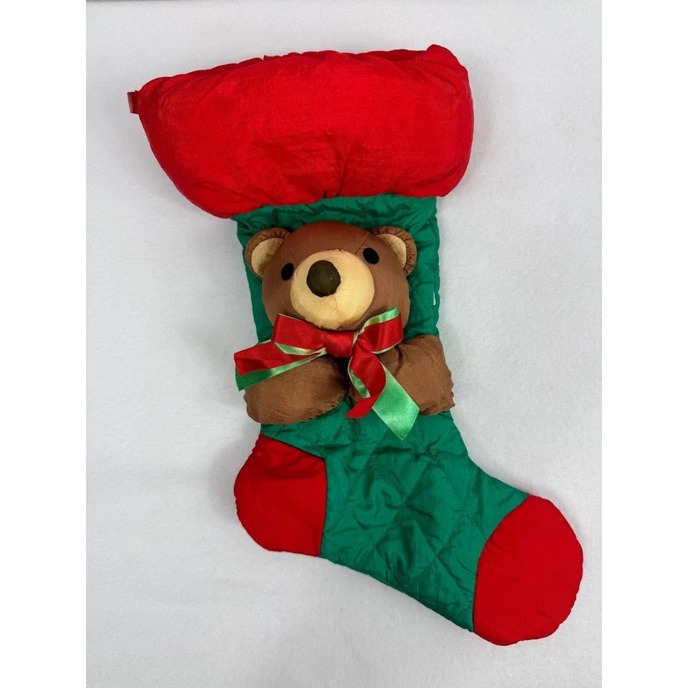 Adorable‎ Teddy Bear Christmas Stocking Holiday Decoration Festive Decor Vintage