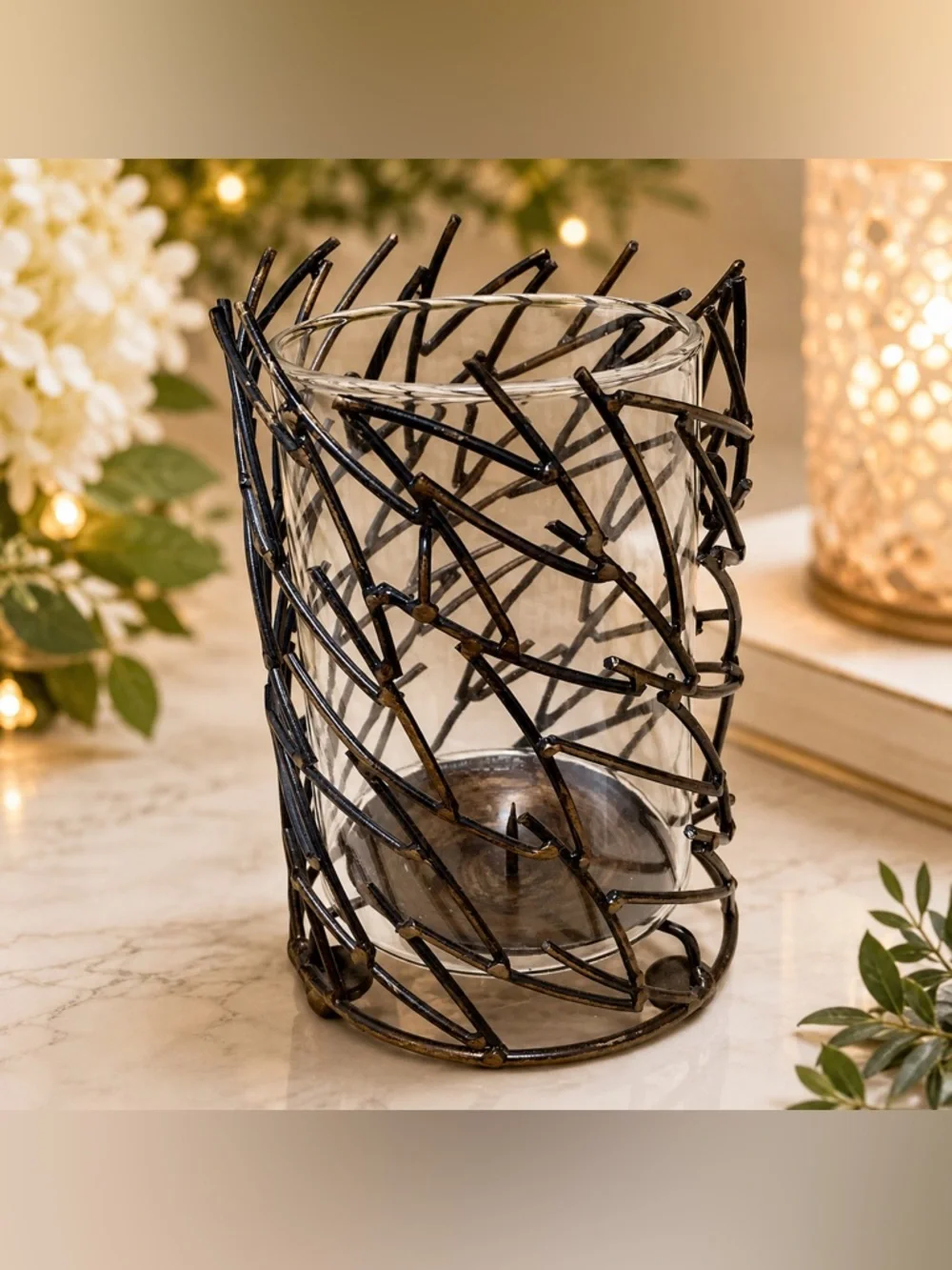 🔍 Rustic Metal & Glass Hurricane Candle Holder Modern Farmhouse